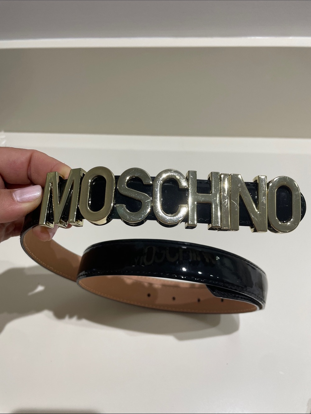 Moschino Black patent Leather Belt with Gold Logo Buckle - Picture 2 of 4